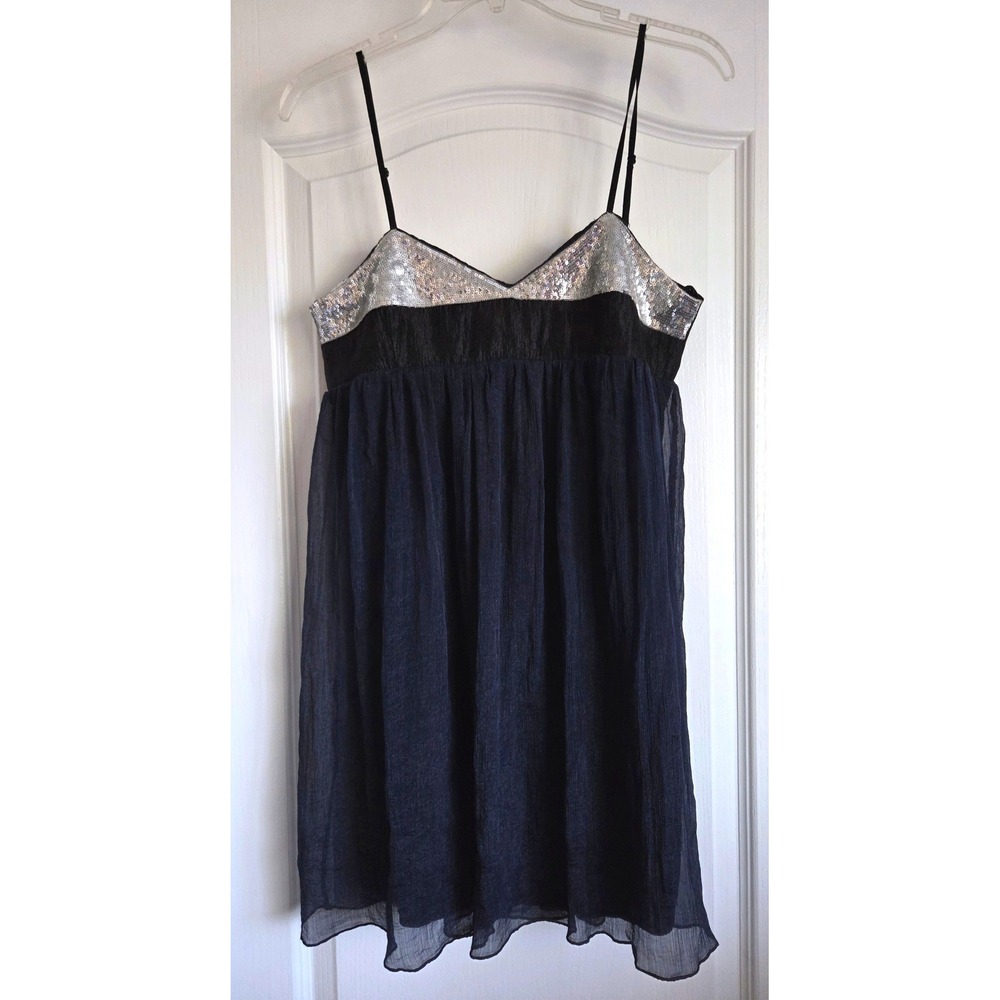 VTG Kaitlyn Sequin Chiffon Babydoll Mini Dress Navy Blue Black Silver Sz L Y2K
